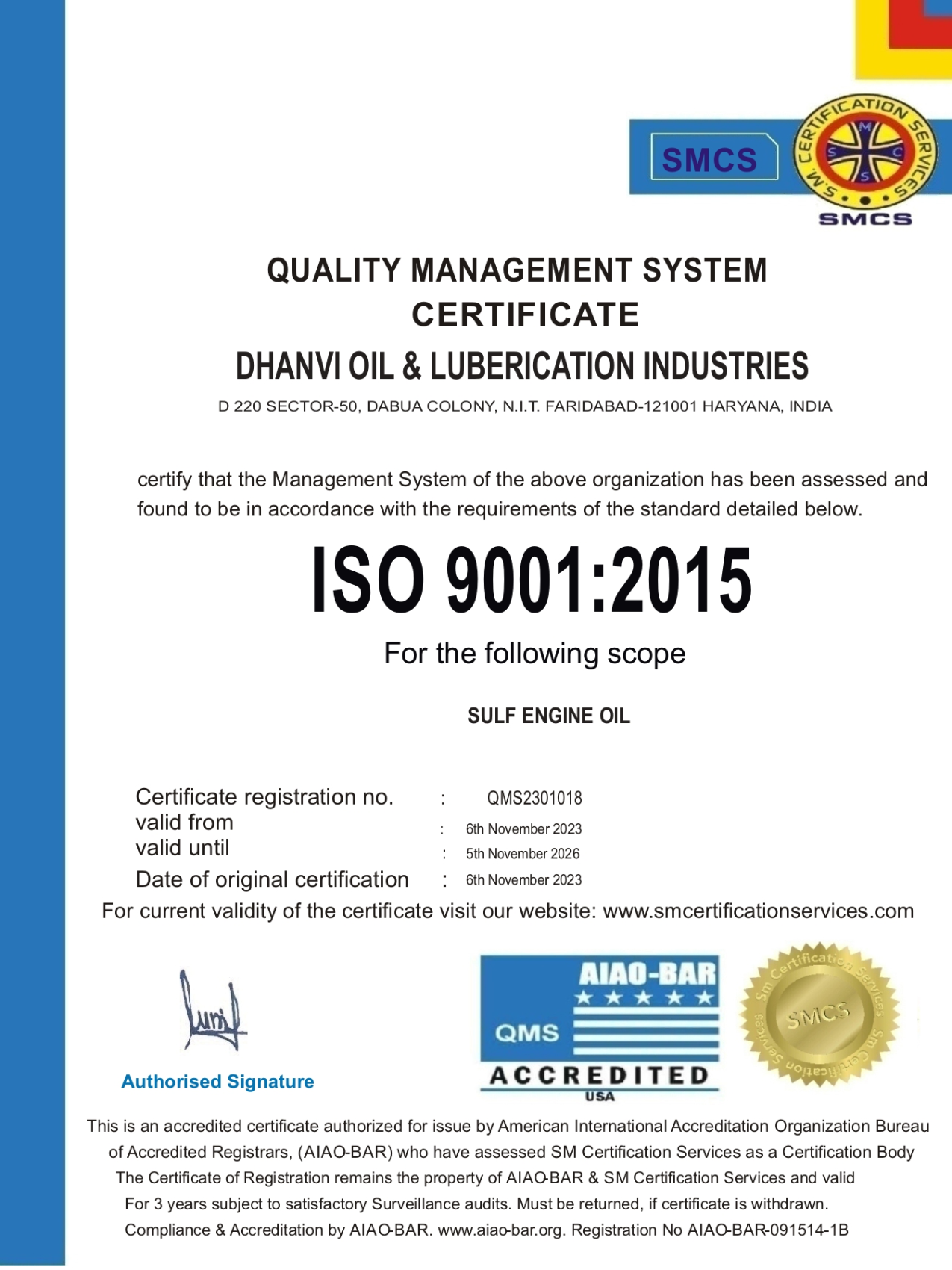 DHANVI OIL 9001 ISO CERTIFICATE